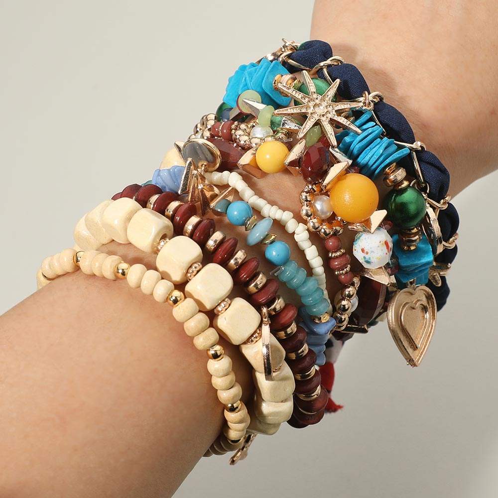10PCS - Decorative Heart Fish Star Charm Wooden Pearl Beaded Stretch Adjustable Multi Layered Bracelets - Madeline Love - Flyclothing LLC