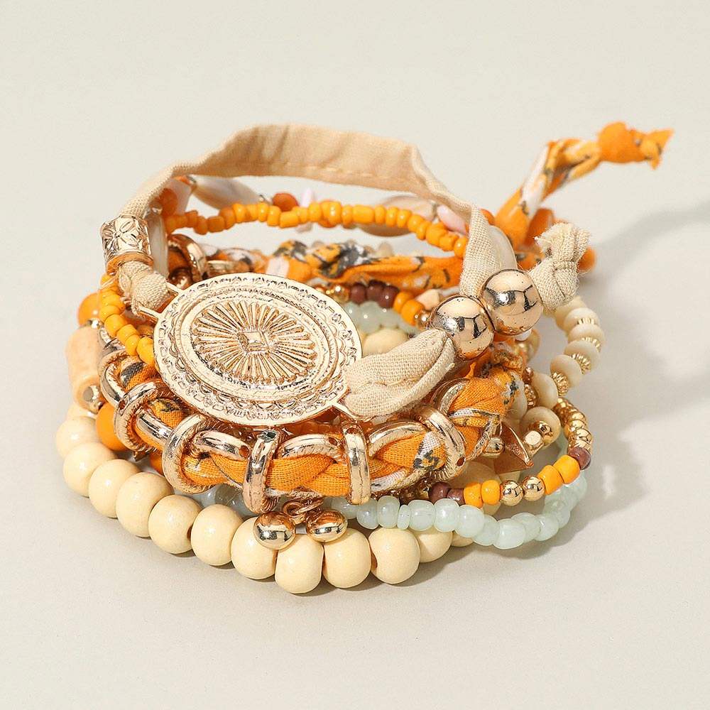 10PCS - Boho Mixed Beads Fabric Scarf Wrapped Chain Stretch Adjustable Multi Layered Bracelets - Madeline Love - Flyclothing LLC