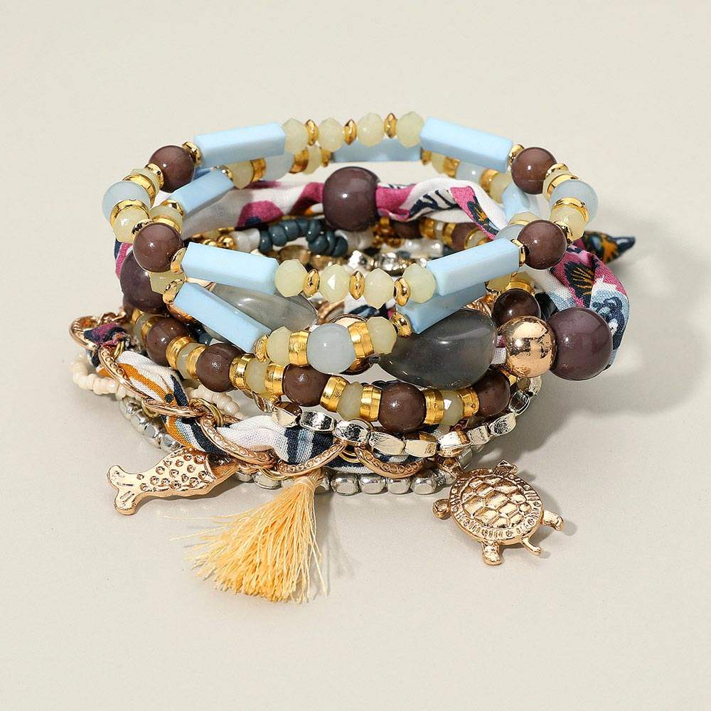 10PCS - Boho Turtle Fish Tassel Charm Beaded Stretch Adjustable Multi Layered Bracelets - Madeline Love - Flyclothing LLC