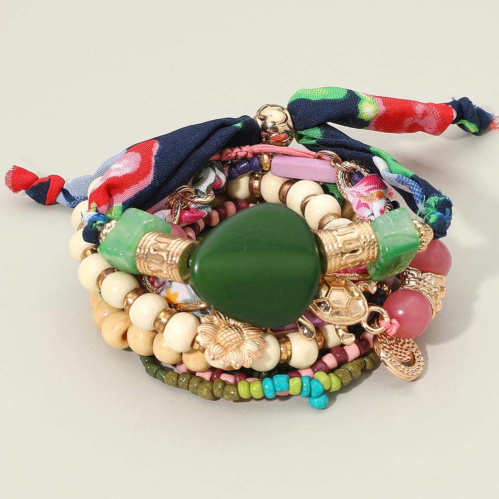 10PCS - Boho Flower Turtle Charm Accent Wood Beaded Stretch Adjustable Multi Layered Bracelets - Madeline Love - Flyclothing LLC
