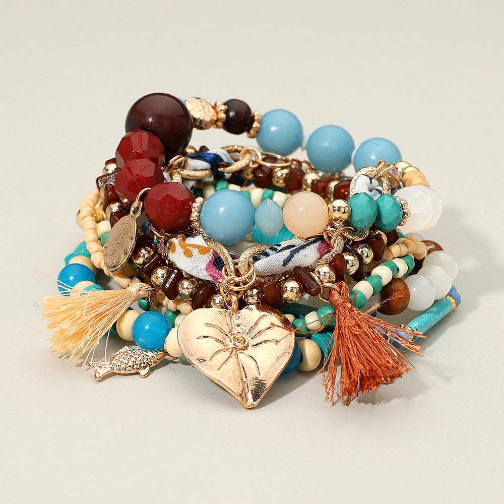 10PCS - Boho Heart Tassel Fish Charm Beaded Stretch Adjustable Multi Layered Bracelets - Madeline Love - Flyclothing LLC