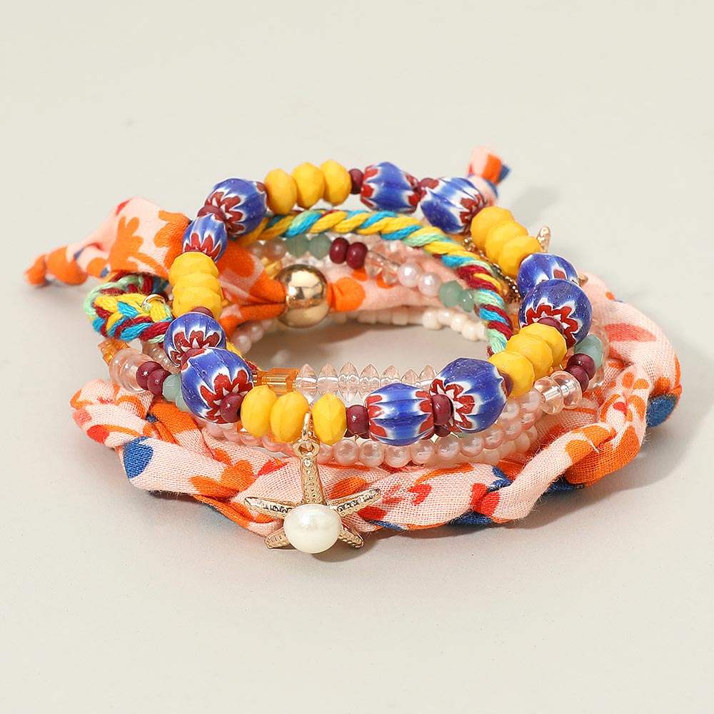 7PCS - Boho Pearl Starfish Shell Charm Beaded Stretch Adjustable Multi Layered Bracelets - Madeline Love - Flyclothing LLC