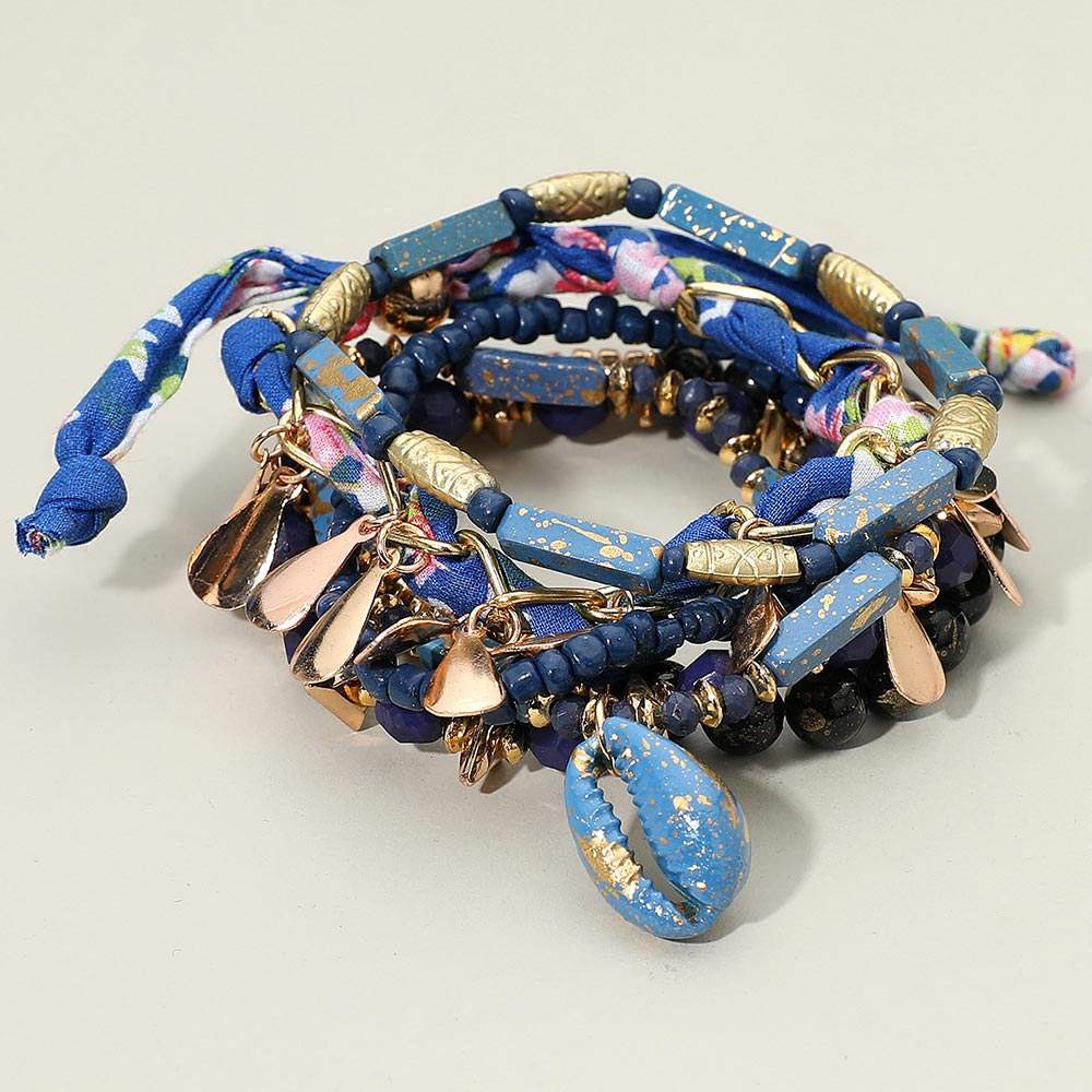 6PCS - Boho Conch Shell Charm Accent Beaded Stretch Adjustable Multi Layered Bracelets - Madeline Love - Flyclothing LLC