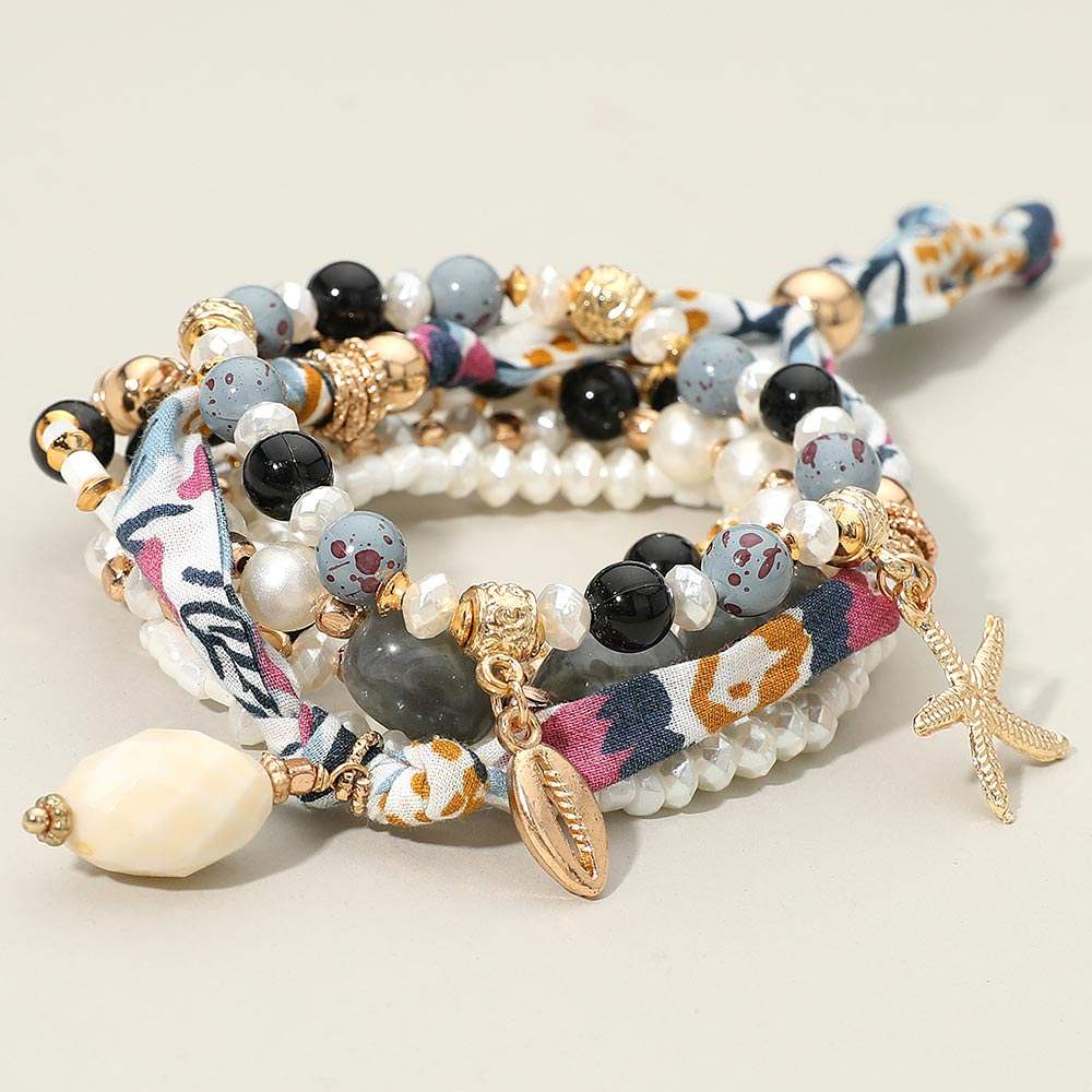 6PCS - Boho Sea Shell Starfish Charm Pearl Beaded Stretch Adjustable Multi Layered Bracelets - Madeline Love - Flyclothing LLC