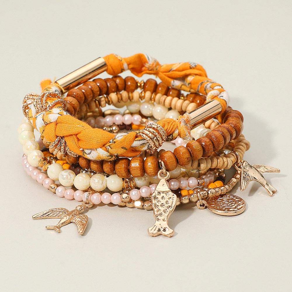 8PCS - Boho Fish Bird Charm Wooden Pearl Beaded Stretch Multi Layered Bracelets - Madeline Love - Flyclothing LLC