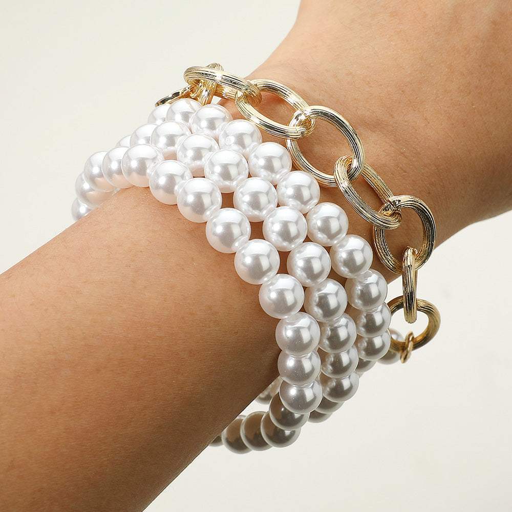 3PCS - Textured Metal Link Medal Charm Pearl Beaded Stretch Multi Layered Bracelets - Madeline Love - Flyclothing LLC