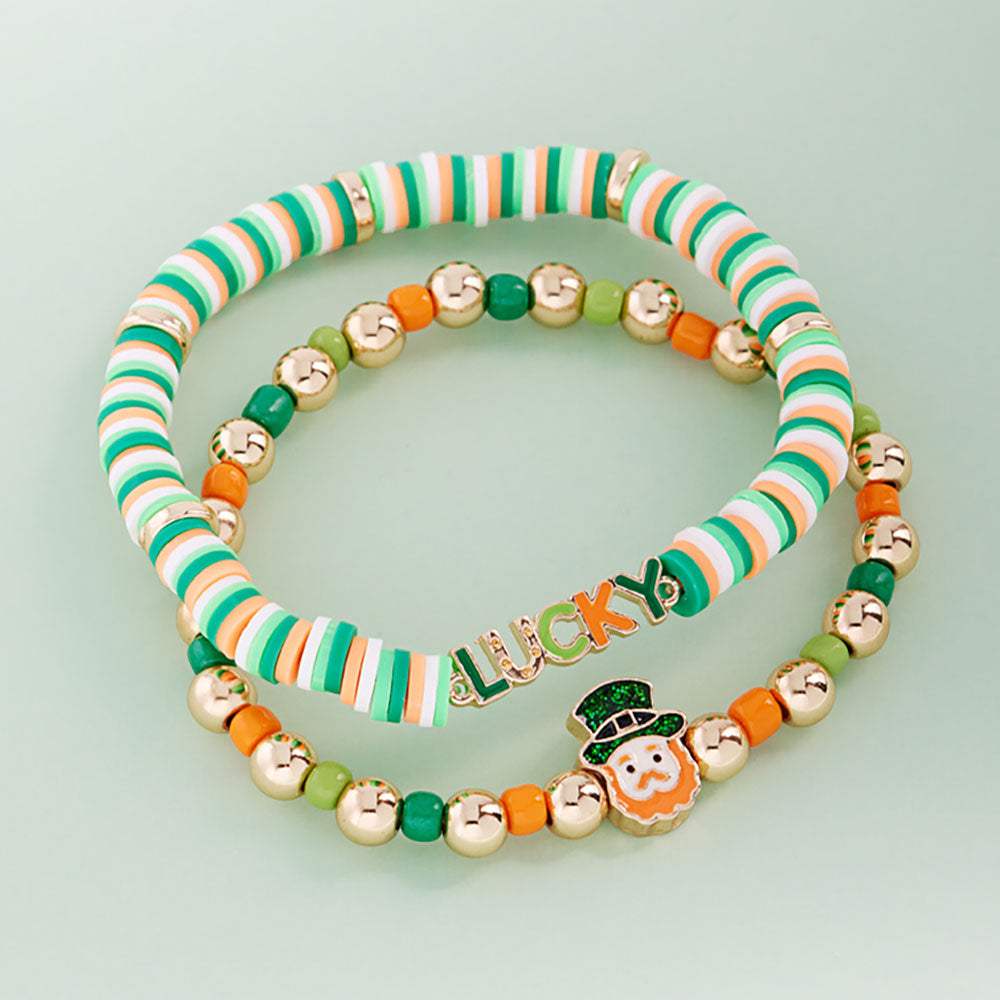 2PCS - St Patricks LUCKY Leprechaun Heishi Beaded Stretch Multi Layered Bracelets - Madeline Love - Flyclothing LLC