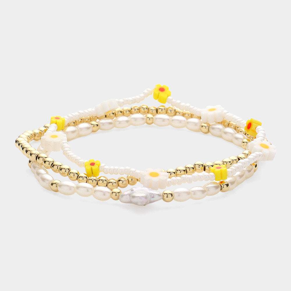 3PCS - Mother Of Pearl Flower Quatrefoil Pointed Beaded Multi Layered Bracelets - Madeline Love - Flyclothing LLC