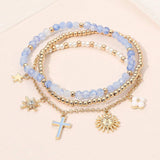 3PCS - Cross Flower Star Sunburst Charm Pearl Metal Ball Faceted Beaded Stretch Multi Layered Bracelets - Madeline Love - Flyclothing LLC