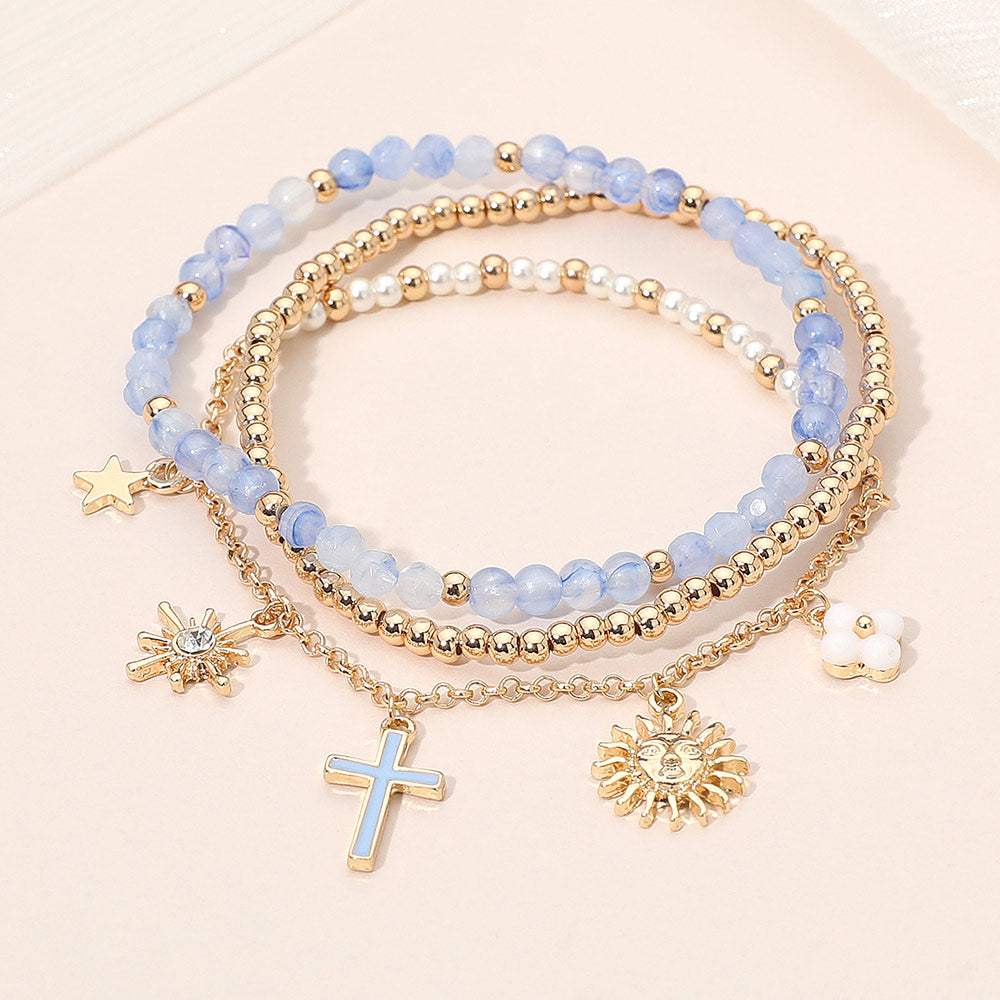 3PCS - Cross Flower Star Sunburst Charm Pearl Metal Ball Faceted Beaded Stretch Multi Layered Bracelets - Madeline Love - Flyclothing LLC
