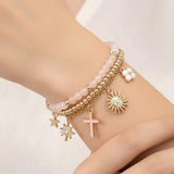 3PCS - Cross Flower Star Sunburst Charm Pearl Metal Ball Faceted Beaded Stretch Multi Layered Bracelets - Madeline Love - Flyclothing LLC