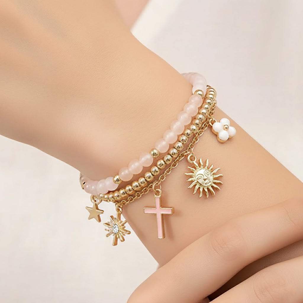 3PCS - Cross Flower Star Sunburst Charm Pearl Metal Ball Faceted Beaded Stretch Multi Layered Bracelets - Madeline Love - Flyclothing LLC