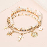 3PCS - Cross Flower Star Sunburst Charm Pearl Metal Ball Faceted Beaded Stretch Multi Layered Bracelets - Madeline Love - Flyclothing LLC