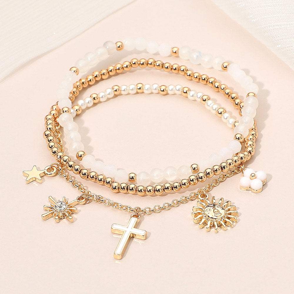 3PCS - Cross Flower Star Sunburst Charm Pearl Metal Ball Faceted Beaded Stretch Multi Layered Bracelets - Madeline Love - Flyclothing LLC