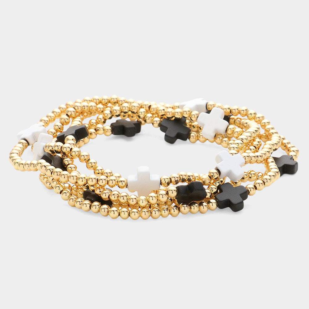 5PCS - Cross Pointed Metal Ball Beaded Stretch Multi Layered Bracelets - Madeline Love - Flyclothing LLC