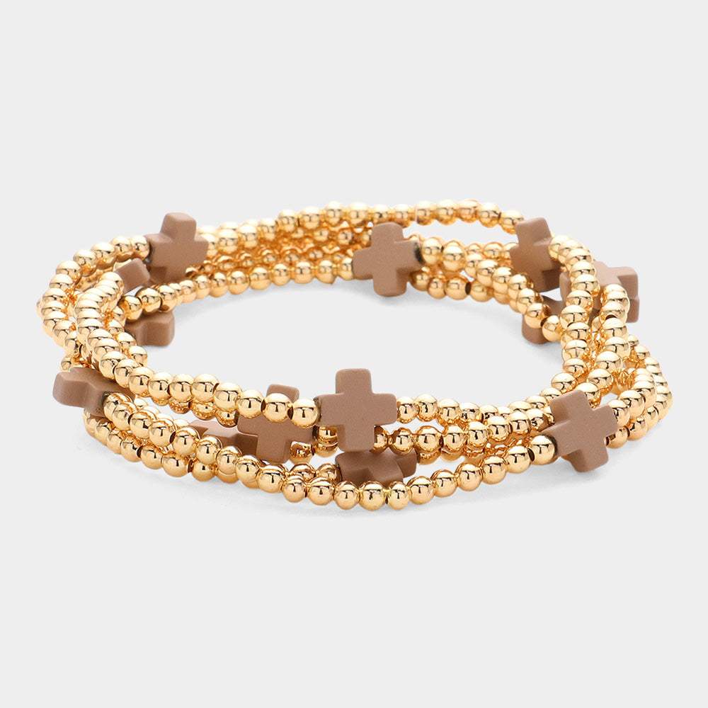 5PCS - Cross Pointed Metal Ball Beaded Stretch Multi Layered Bracelets - Madeline Love - Flyclothing LLC