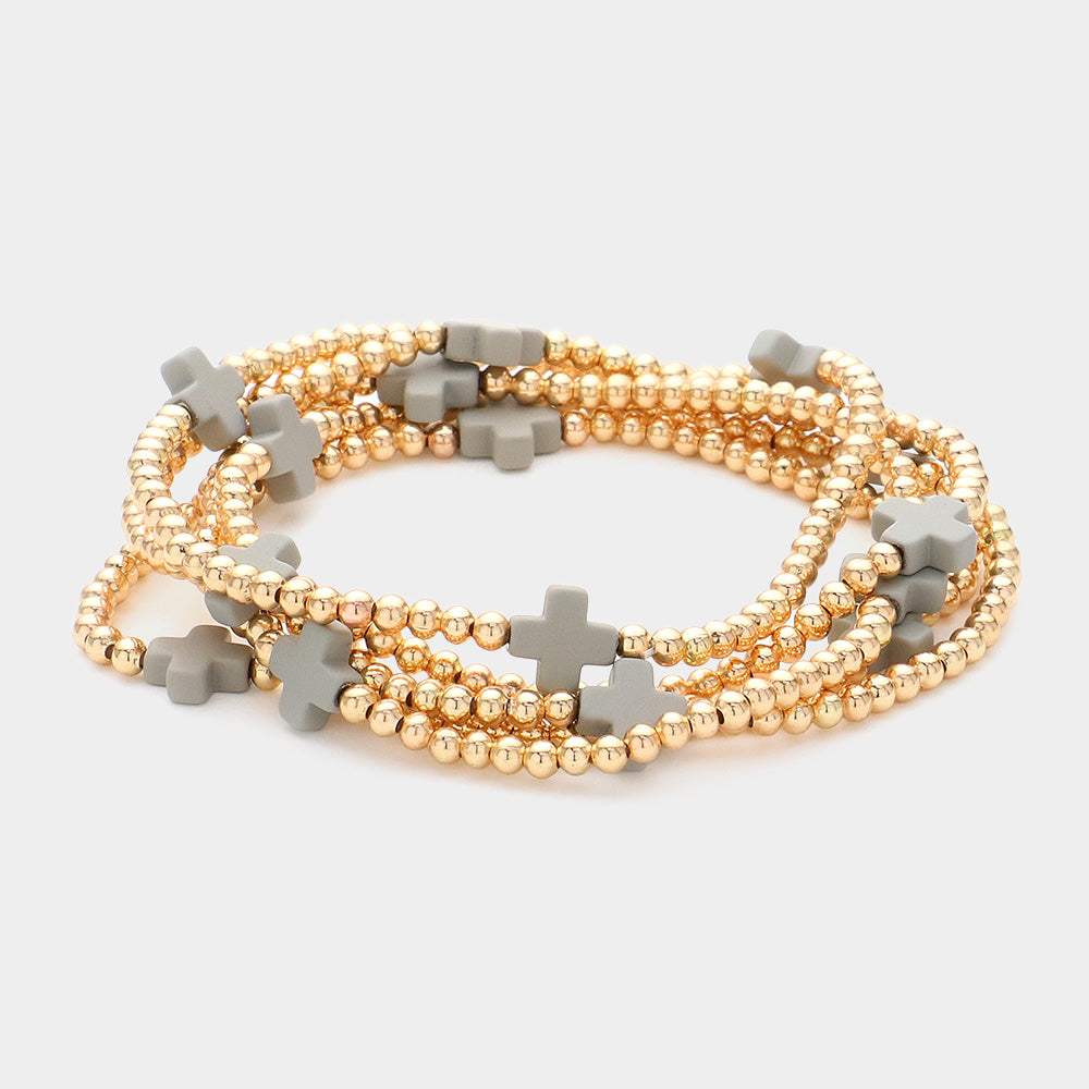 5PCS - Cross Pointed Metal Ball Beaded Stretch Multi Layered Bracelets - Madeline Love - Flyclothing LLC