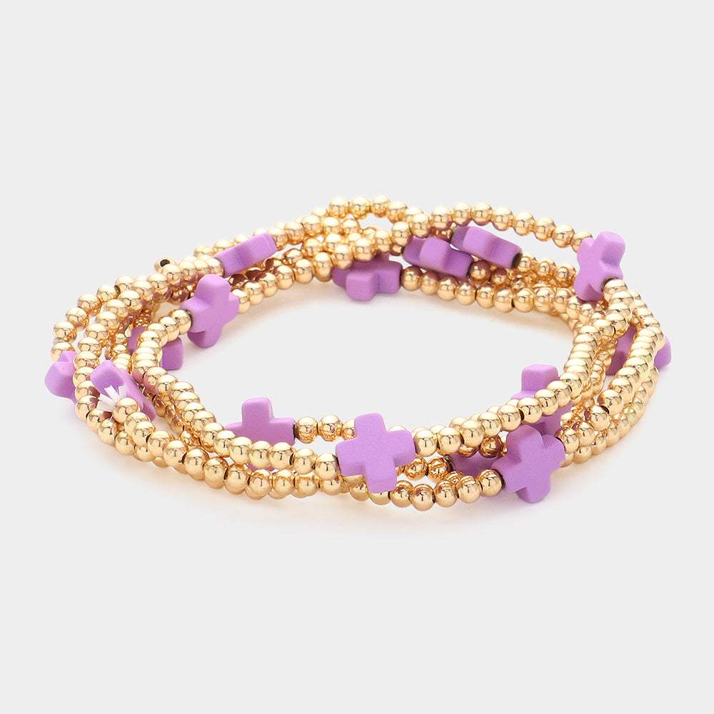5PCS - Cross Pointed Metal Ball Beaded Stretch Multi Layered Bracelets - Madeline Love - Flyclothing LLC