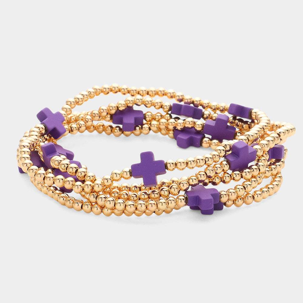5PCS - Cross Pointed Metal Ball Beaded Stretch Multi Layered Bracelets - Madeline Love - Flyclothing LLC