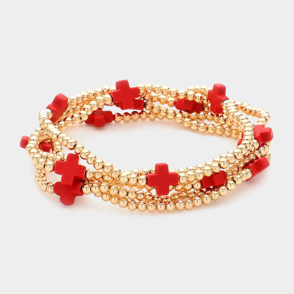 5PCS - Cross Pointed Metal Ball Beaded Stretch Multi Layered Bracelets - Madeline Love - Flyclothing LLC