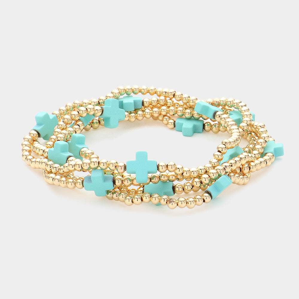5PCS - Cross Pointed Metal Ball Beaded Stretch Multi Layered Bracelets - Madeline Love - Flyclothing LLC