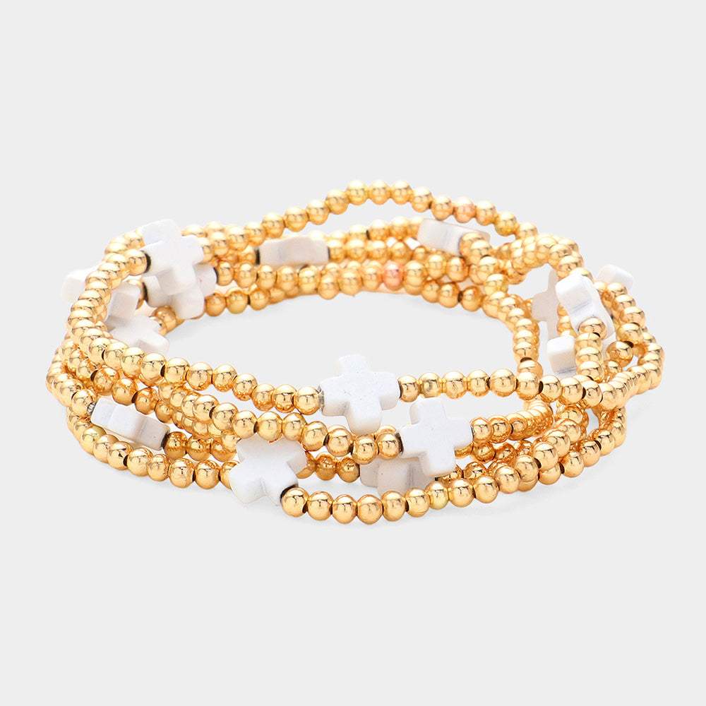 5PCS - Cross Pointed Metal Ball Beaded Stretch Multi Layered Bracelets - Madeline Love - Flyclothing LLC
