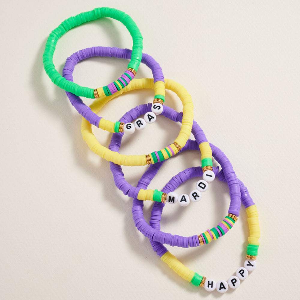6PCS - HAPPY MARDI GRAS Message Heishi Beaded Stretch Multi Layered Bracelets - Madeline Love - Flyclothing LLC