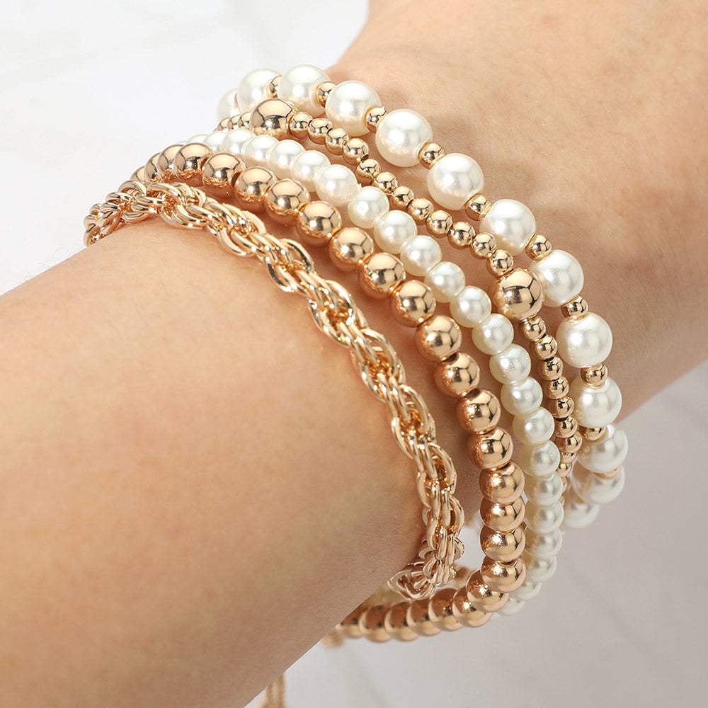 5PCS - Pearl Metal Beaded Twisted Chain Adjustable Stretch Multi Layered Bracelets - Madeline Love - Flyclothing LLC
