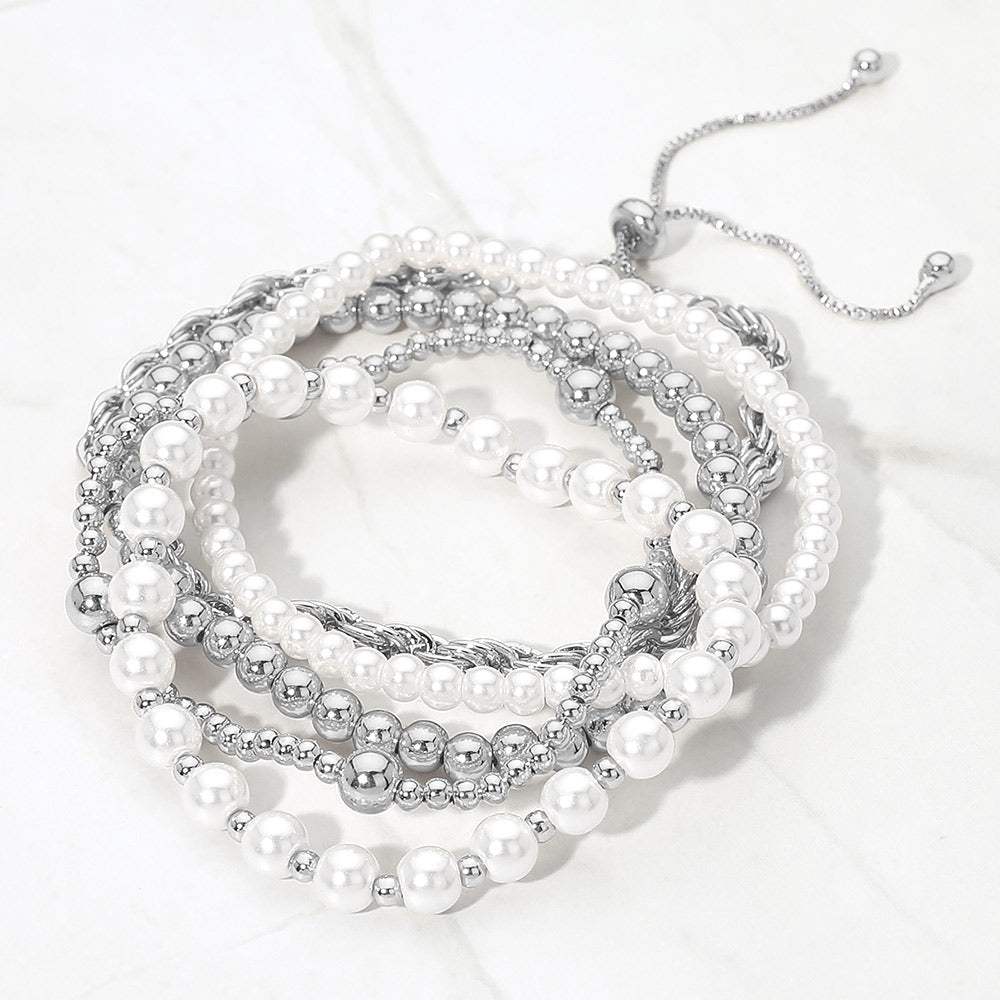 5PCS - Pearl Metal Beaded Twisted Chain Adjustable Stretch Multi Layered Bracelets - Madeline Love - Flyclothing LLC