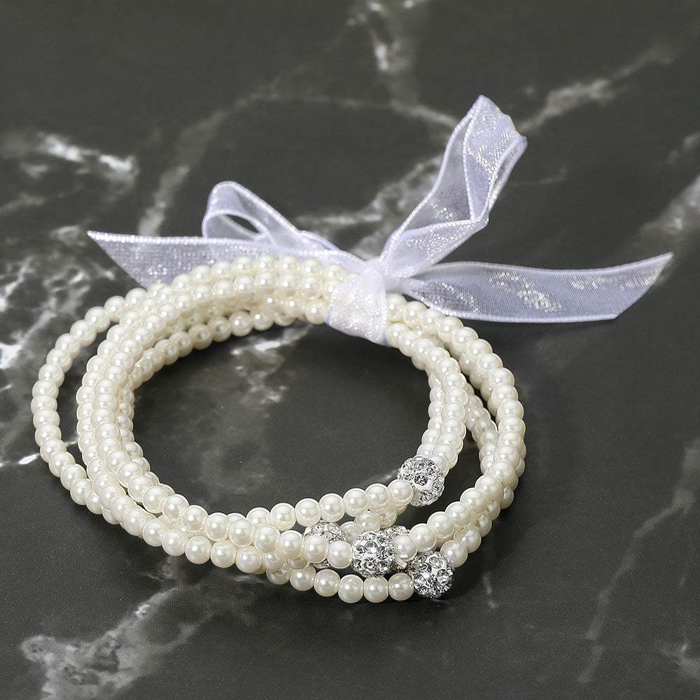 5PCS - Shamballa Ball Accent Pearl Beaded Stretch Multi Layered Bracelets - Madeline Love - Flyclothing LLC