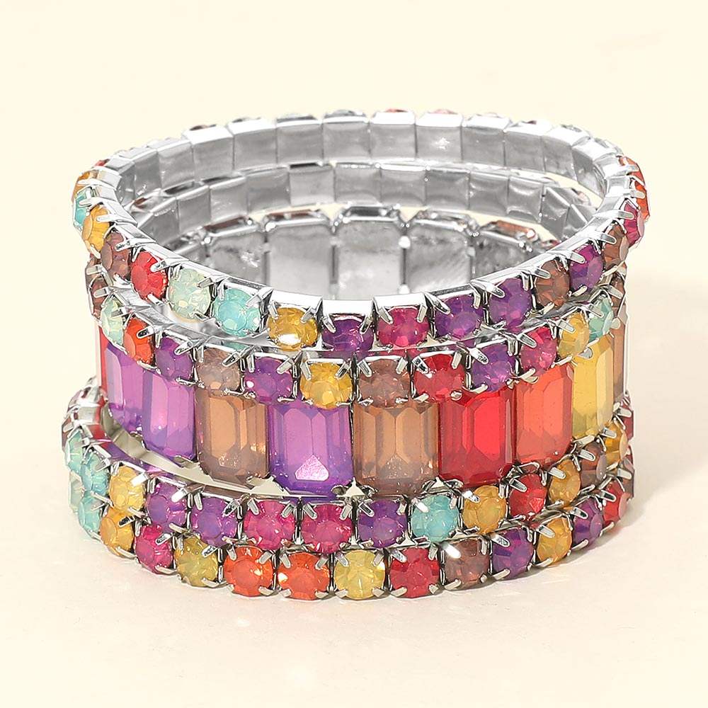 5PCS - Emerald Cut Round Stone Stretch Evening Bracelets - Madeline Love - Flyclothing LLC