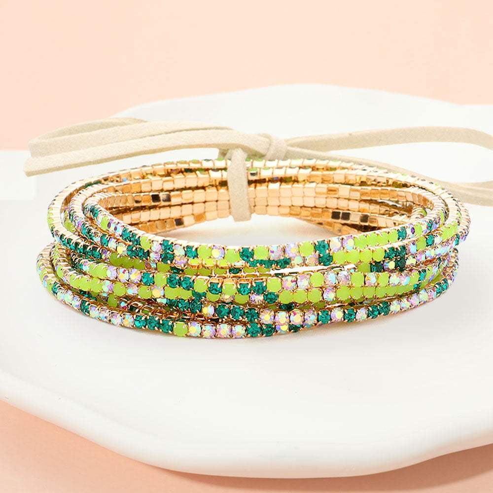 12PCS Ribbon Colorful Rhinestone Layered Stretch Bracelets - Madeline Love - Flyclothing LLC
