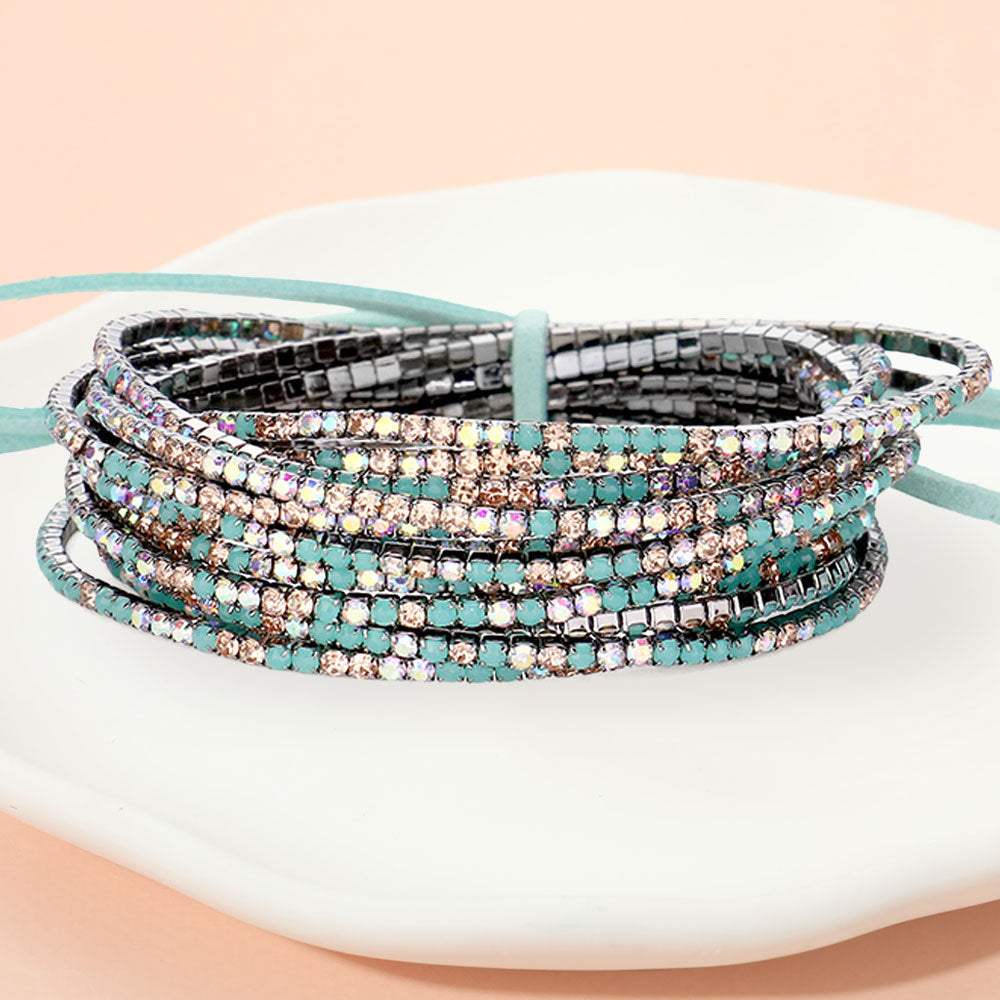 12PCS Ribbon Colorful Rhinestone Layered Stretch Bracelets - Madeline Love - Flyclothing LLC