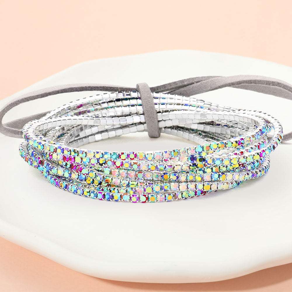 12PCS Ribbon Colorful Rhinestone Layered Stretch Bracelets - Madeline Love - Flyclothing LLC