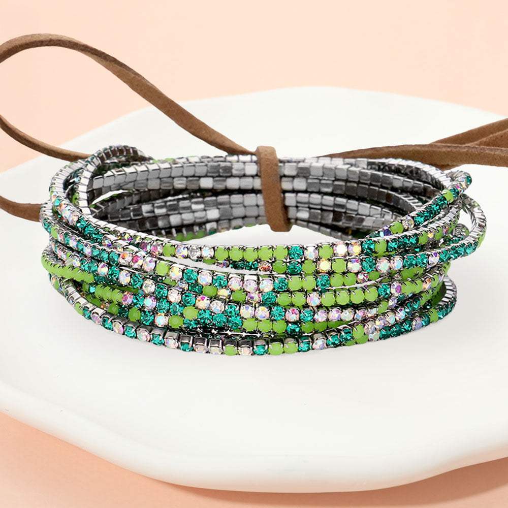 12PCS Ribbon Colorful Rhinestone Layered Stretch Bracelets - Madeline Love - Flyclothing LLC