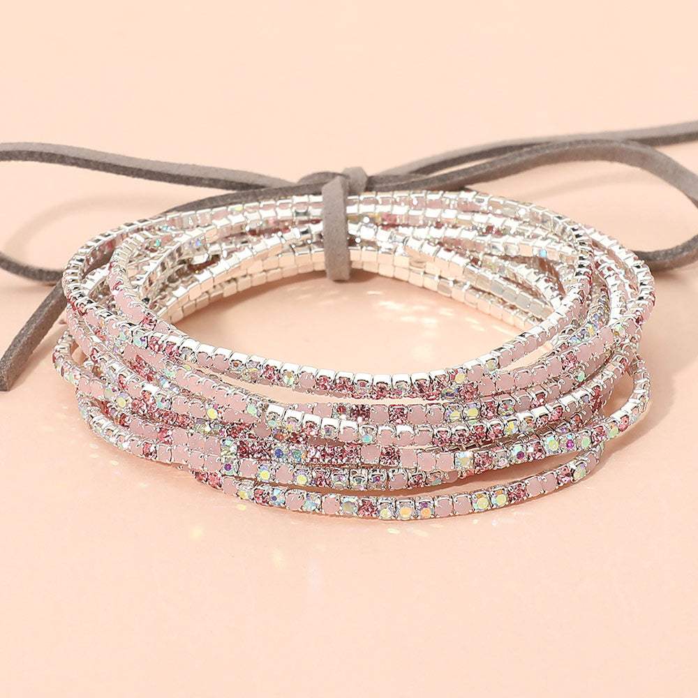 12PCS Ribbon Colorful Rhinestone Layered Stretch Bracelets - Madeline Love - Flyclothing LLC