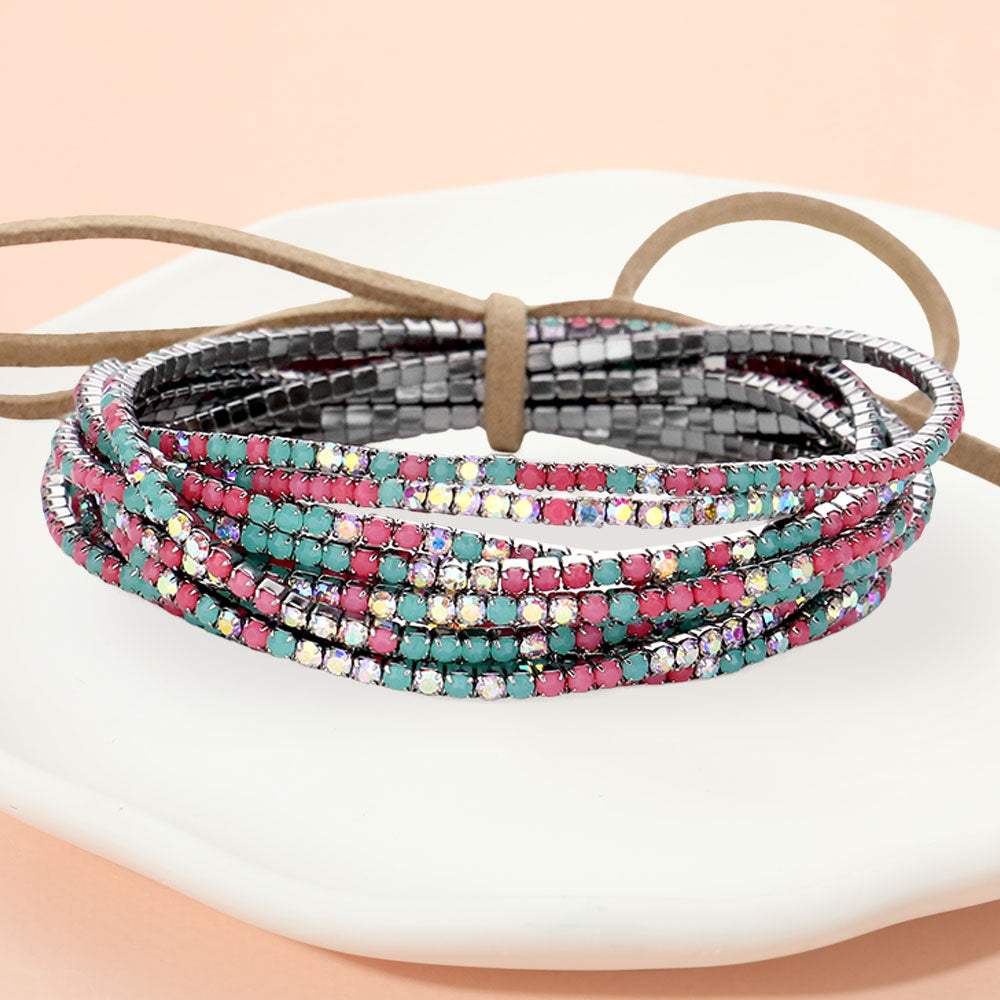 12PCS Ribbon Colorful Rhinestone Layered Stretch Bracelets - Madeline Love - Flyclothing LLC