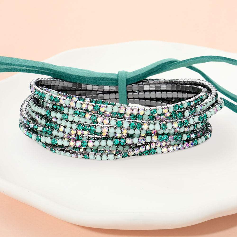12PCS Ribbon Colorful Rhinestone Layered Stretch Bracelets - Madeline Love - Flyclothing LLC