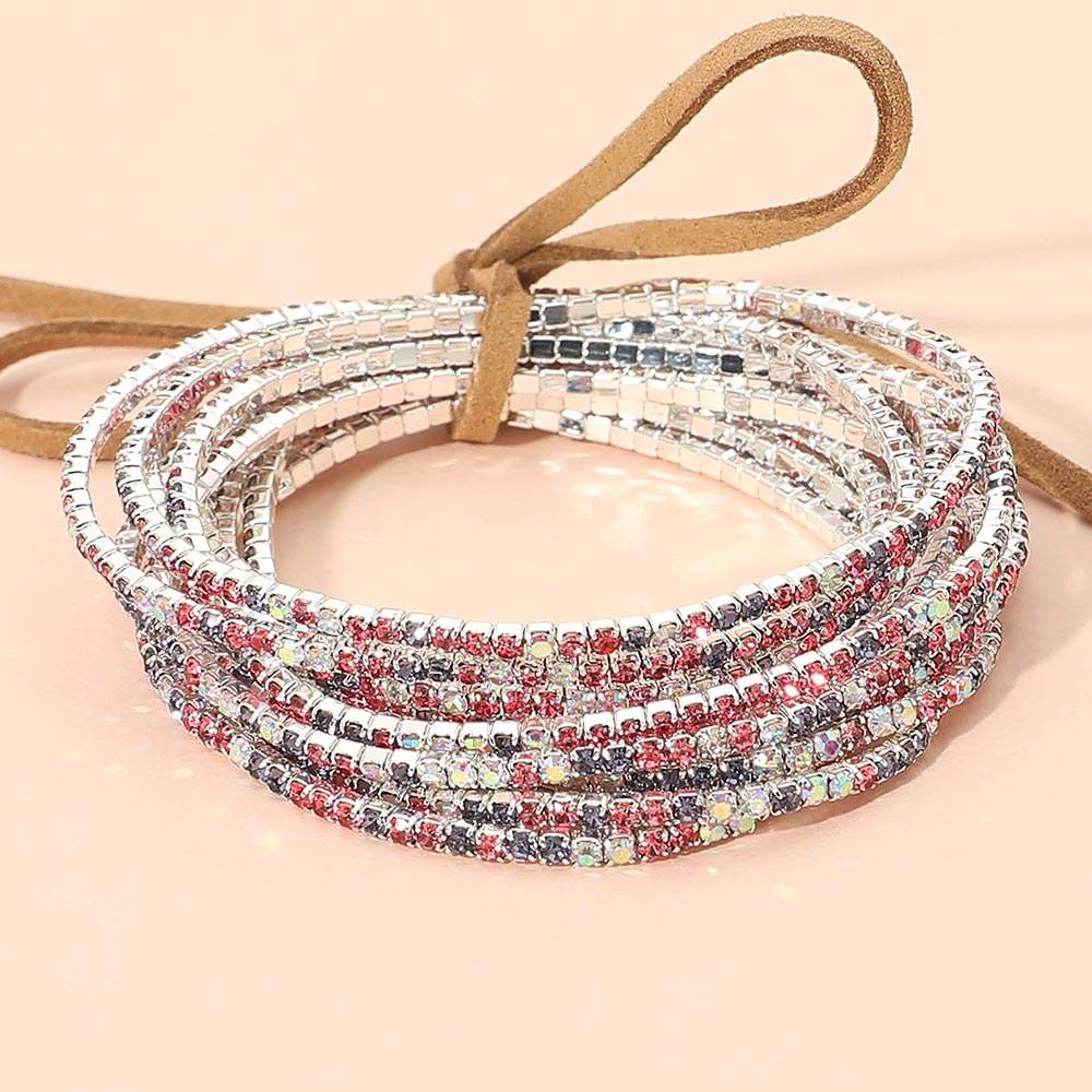 12PCS Ribbon Colorful Rhinestone Layered Stretch Bracelets - Madeline Love - Flyclothing LLC