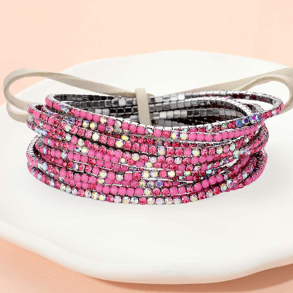 12PCS Ribbon Colorful Rhinestone Layered Stretch Bracelets - Madeline Love - Flyclothing LLC