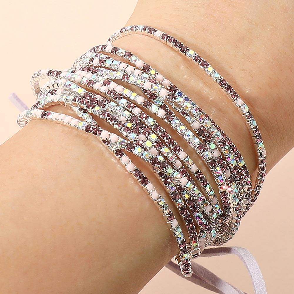12PCS Ribbon Colorful Rhinestone Layered Stretch Bracelets - Madeline Love - Flyclothing LLC