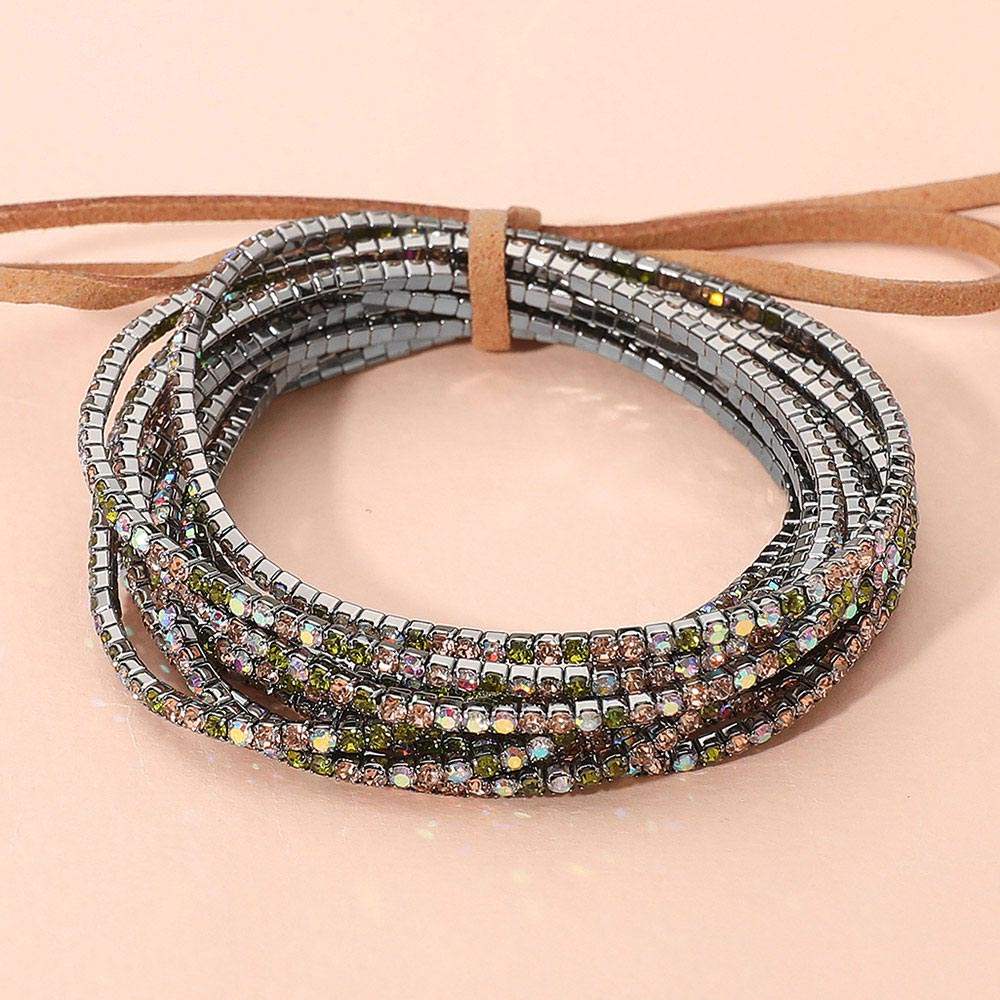 12PCS Ribbon Colorful Rhinestone Layered Stretch Bracelets - Madeline Love - Flyclothing LLC