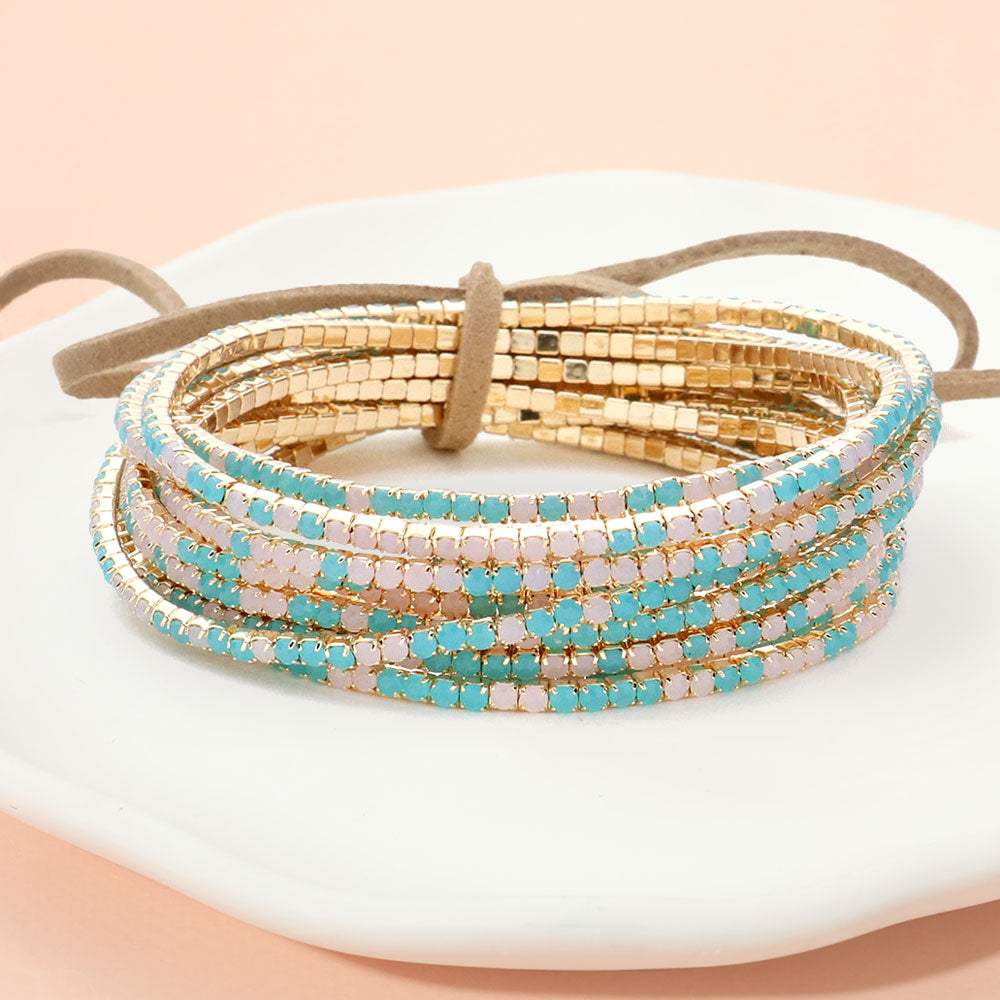 12PCS Ribbon Colorful Rhinestone Layered Stretch Bracelets - Madeline Love - Flyclothing LLC