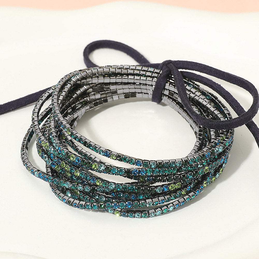 12PCS Ribbon Colorful Rhinestone Layered Stretch Bracelets - Madeline Love - Flyclothing LLC