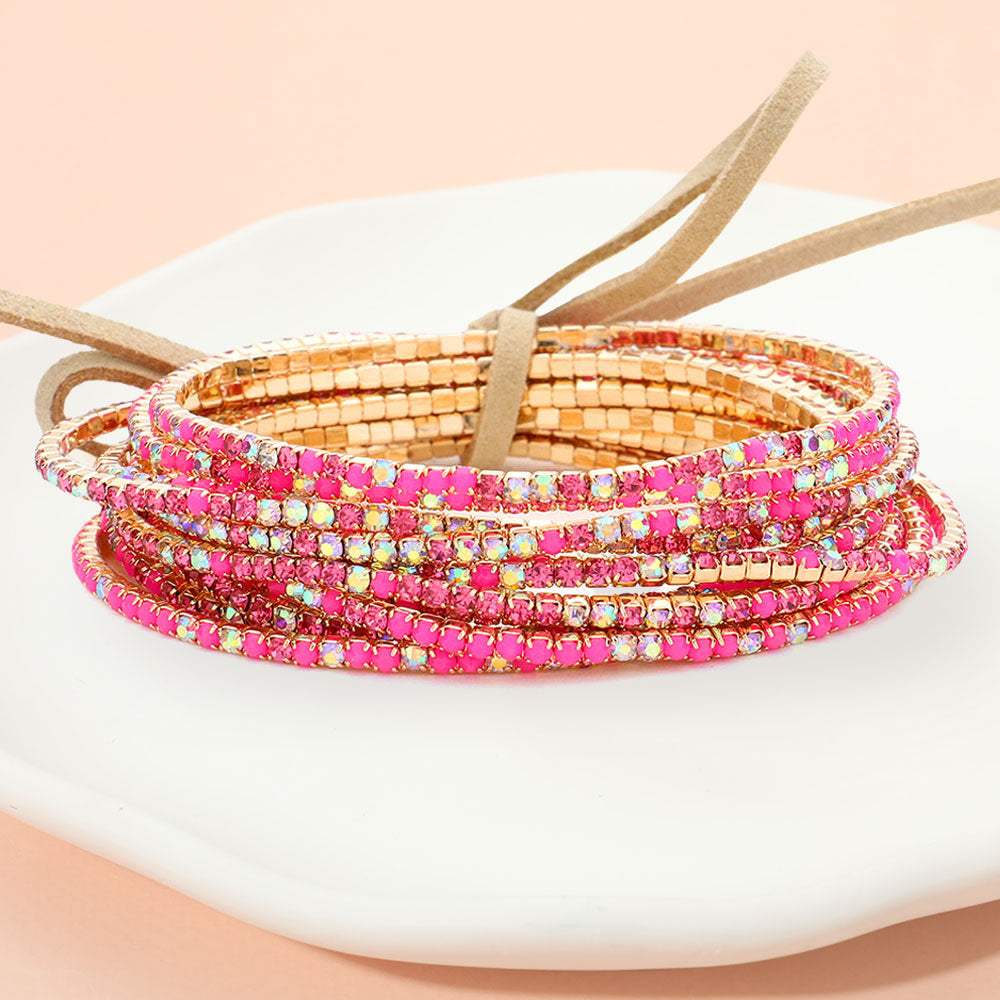 12PCS Ribbon Colorful Rhinestone Layered Stretch Bracelets - Madeline Love - Flyclothing LLC
