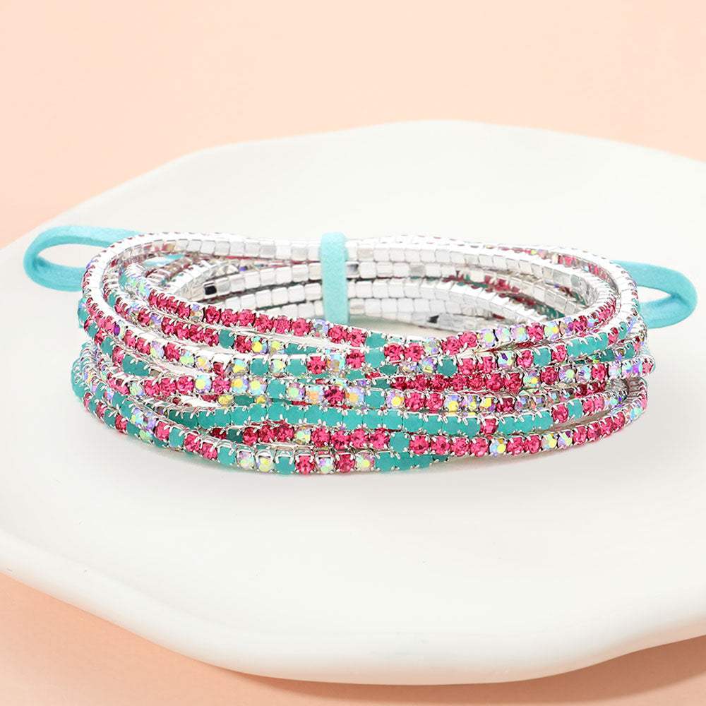 12PCS Ribbon Colorful Rhinestone Layered Stretch Bracelets - Madeline Love - Flyclothing LLC
