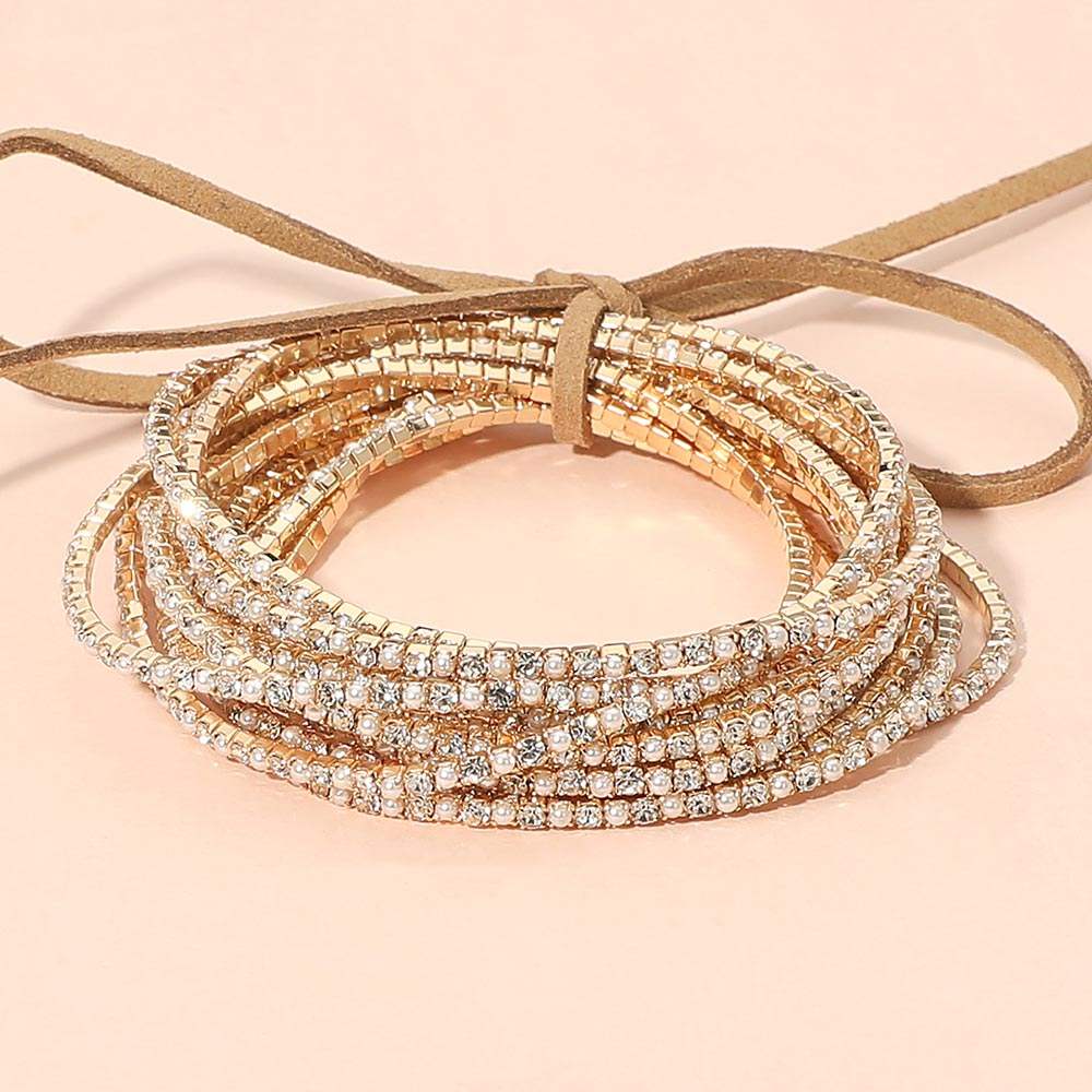 12PCS Ribbon Colorful Rhinestone Layered Stretch Bracelets - Madeline Love - Flyclothing LLC