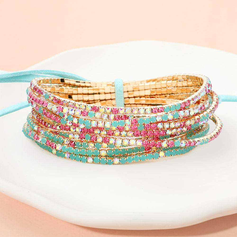 12PCS Ribbon Colorful Rhinestone Layered Stretch Bracelets - Madeline Love - Flyclothing LLC