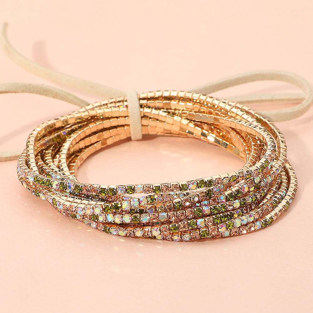 12PCS Ribbon Colorful Rhinestone Layered Stretch Bracelets - Madeline Love - Flyclothing LLC