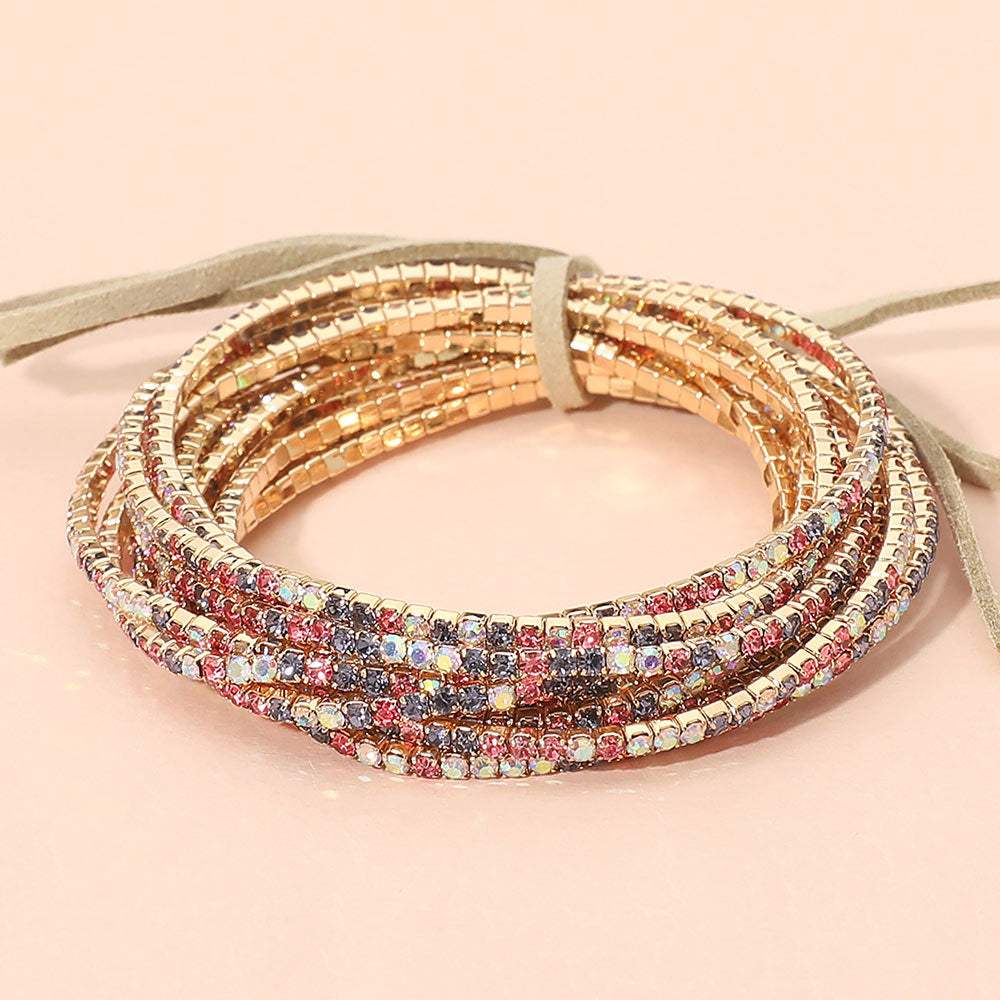 12PCS Ribbon Colorful Rhinestone Layered Stretch Bracelets - Madeline Love - Flyclothing LLC